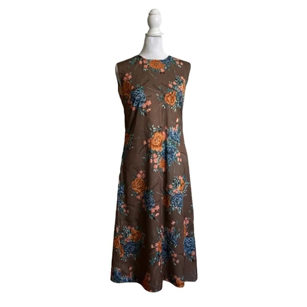 Vintage 1970s Sears Dress Cardigan Taupe Floral 2 Piece Set Maxi US Size 10 - Picture 6 of 16